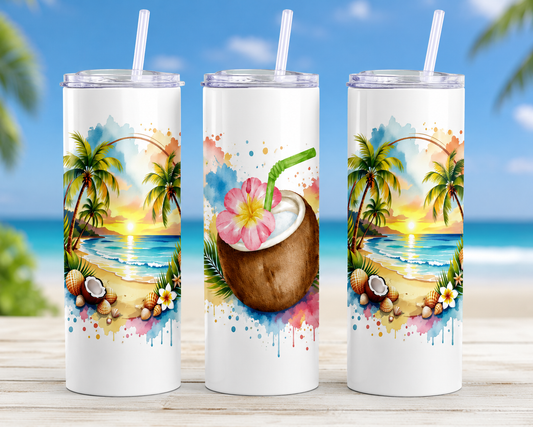 Tropical Beach Coconut 20oz Skinny Tumbler with Lid & Straw