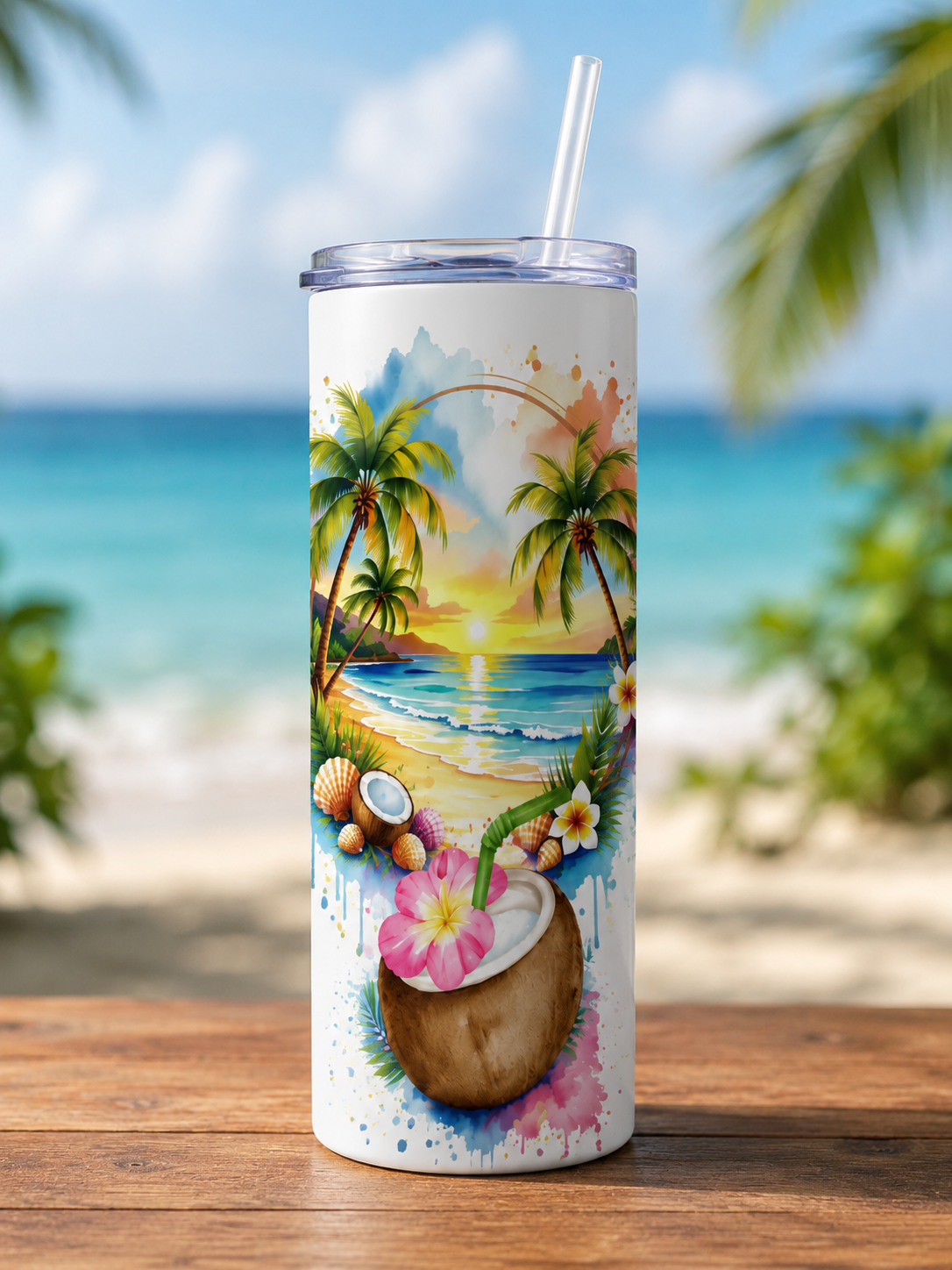 Tropical Beach Coconut 20oz Skinny Tumbler with Lid & Straw