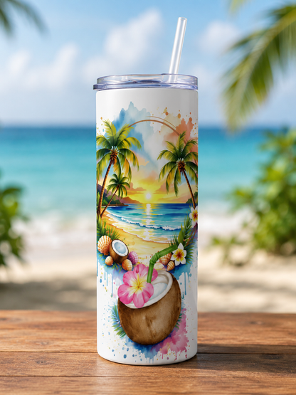 Tropical Beach Coconut 20oz Skinny Tumbler with Lid & Straw
