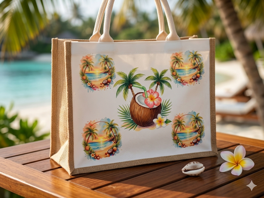 Tropical Paradise Beach Tote Bag – Reusable Summer Shopping Bag with Coconut & Palm Tree Design